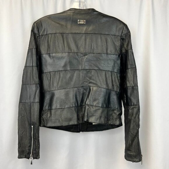 Vince Camuto Womens Black Tan Long Sleeve Full Zip Motorcycle Jacket Size Medium - Picture 6 of 9